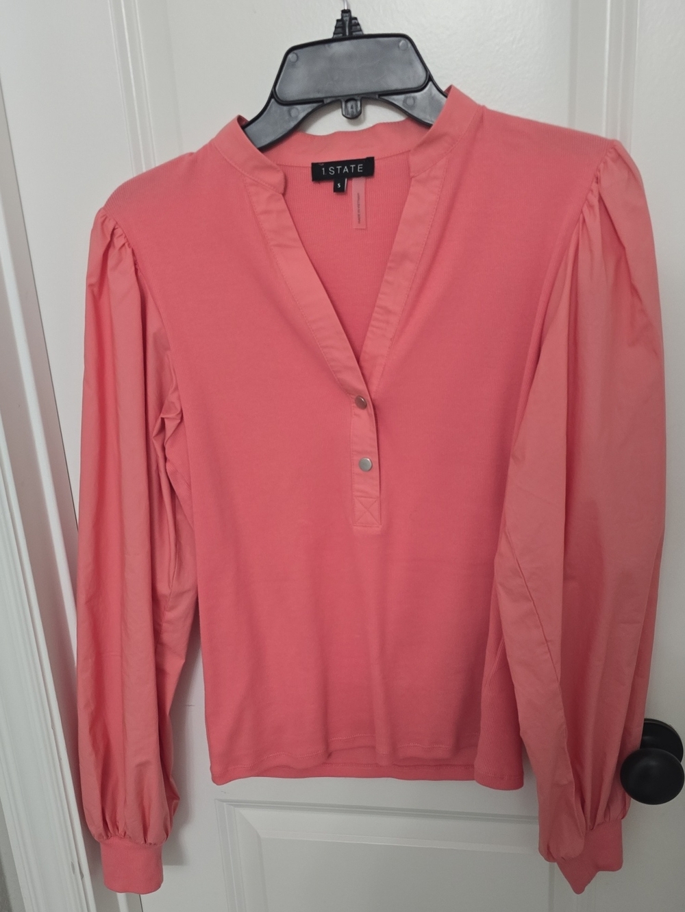 1. State Coral Pink Snap-Front Long Sleeve Blouse